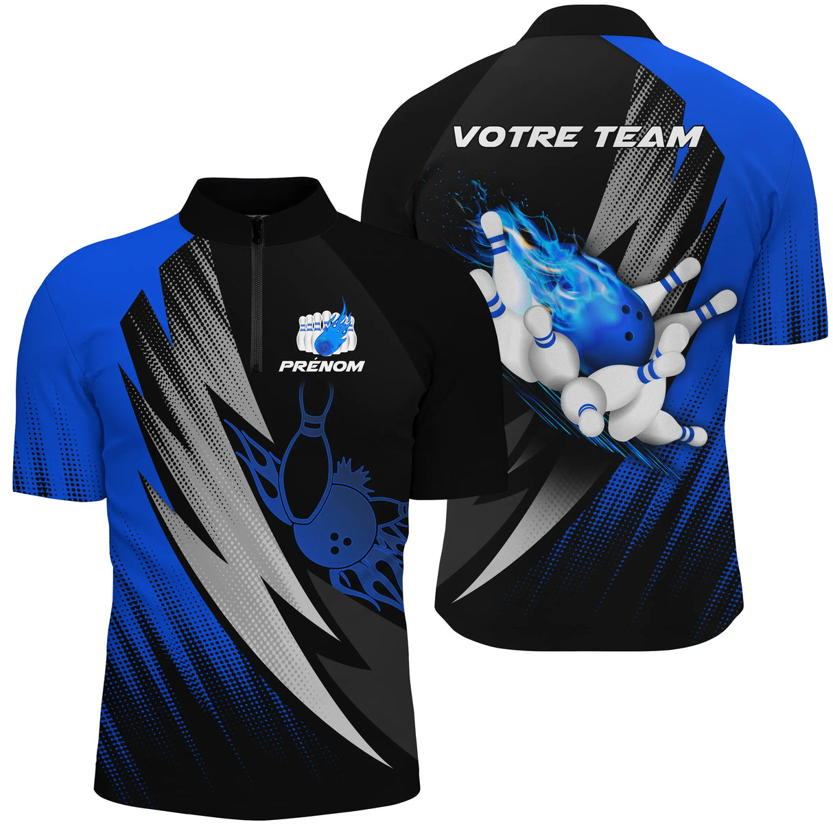 Maillot Bowling Personnalisé Homme & Femme – Design Flamme, Nom & Équipe – Rouge, Bleu, Violet - A05092410 - polo homme bleu