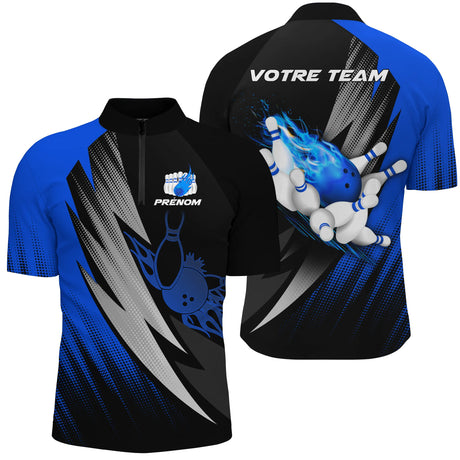 Maillot Bowling Personnalisé Homme & Femme – Design Flamme, Nom & Équipe – Rouge, Bleu, Violet - A05092410 - polo homme bleu