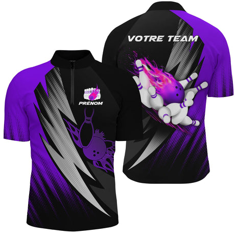 Maillot Bowling Personnalisé Homme & Femme – Design Flamme, Nom & Équipe – Rouge, Bleu, Violet - A05092410 - polo homme violet