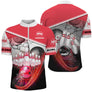 Polo zippé bowling personnalisé homme rouge et blanc avec couronne de quilles stylisées et boule rouge