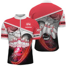 Polo zippé bowling personnalisé homme rouge et blanc avec couronne de quilles stylisées et boule rouge