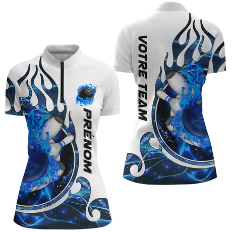 Maillot de Bowling Personnalisé Femme & Homme – Design Flamme | Prénom & Équipe - A05092412 - Polo Femme bleu