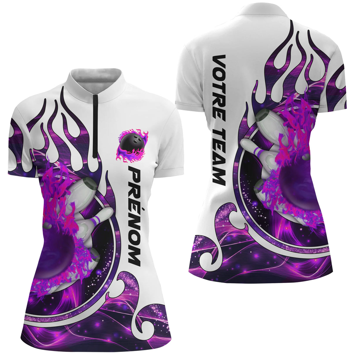 Maillot de Bowling Personnalisé Femme & Homme – Design Flamme | Prénom & Équipe - A05092412 - Polo Femme violet