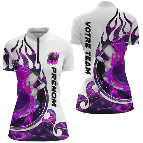 Maillot de Bowling Personnalisé Femme & Homme – Design Flamme | Prénom & Équipe - A05092412 - Polo Femme violet