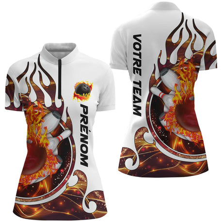 Maillot de Bowling Personnalisé Femme & Homme – Design Flamme | Prénom & Équipe - A05092412 - Polo Femme rouge
