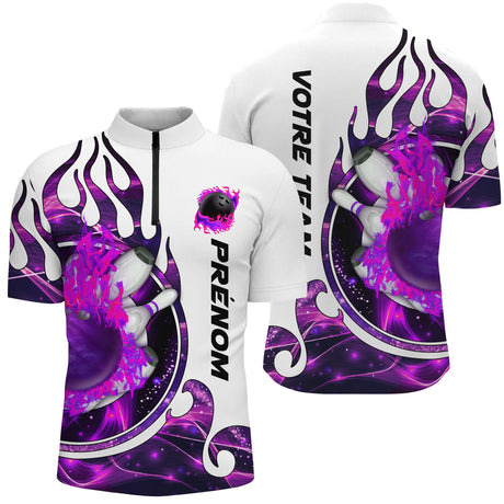 Maillot de Bowling Personnalisé Femme & Homme – Design Flamme | Prénom & Équipe - A05092412 - Polo Homme violet