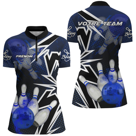 Maillot Bowling Personnalisé Homme & Femme – Design Dynamique Rouge, Bleu ou Violet - A05092415 - polo femme bleu