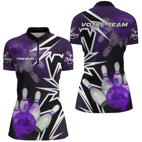 Maillot Bowling Personnalisé Homme & Femme – Design Dynamique Rouge, Bleu ou Violet - A05092415 - polo femme violet