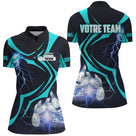 Polo zippé bowling personnalisé femme noir et turquoise en coupe ajustée avec éclairs lumineux et quilles