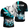 Polo zippé bowling personnalisé femme noir et turquoise en coupe ajustée avec flamme bleu-vert vif