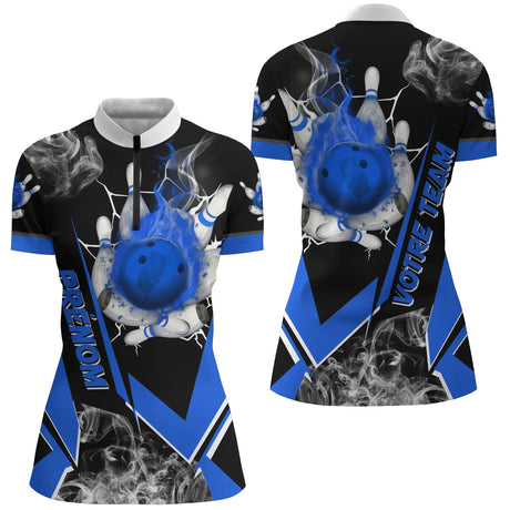 Maillot de Bowling Personnalisé Homme & Femme – Nom & Équipe – Plusieurs Couleurs - A05092418 - polo femme bleu