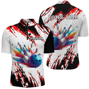 Polo zippé bowling personnalisé homme blanc noir et rouge avec éclaboussures street et quilles multicolores