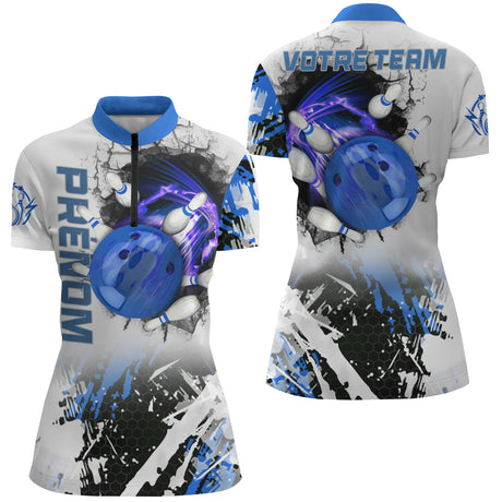 Maillot Bowling Personnalisé Femme & Homme – Design Flamme & Balle – Nom & Équipe Offerts - A05092420 - polo femme bleu