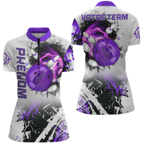 Maillot Bowling Personnalisé Femme & Homme – Design Flamme & Balle – Nom & Équipe Offerts - A05092420 - polo femme violet