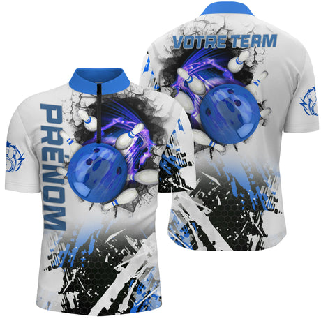 Maillot Bowling Personnalisé Femme & Homme – Design Flamme & Balle – Nom & Équipe Offerts - A05092420 - polo homme bleu