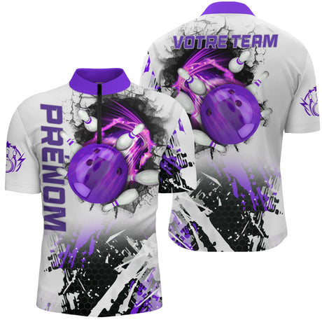 Maillot Bowling Personnalisé Femme & Homme – Design Flamme & Balle – Nom & Équipe Offerts - A05092420 - polo homme violet