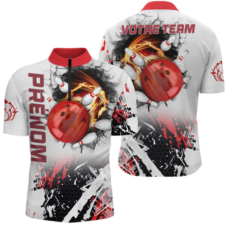 Maillot Bowling Personnalisé Femme & Homme – Design Flamme & Balle – Nom & Équipe Offerts - A05092420 - polo homme rouge