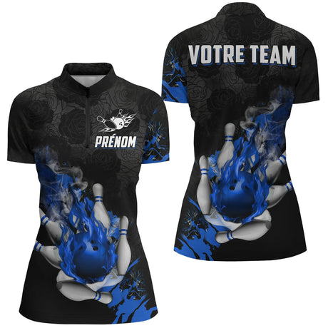 Maillot de Bowling Personnalisé Flamme – Homme & Femme – Rouge, Bleu ou Violet – Prénom & Nom d’Équipe - A05092421 - polo femme bleu 