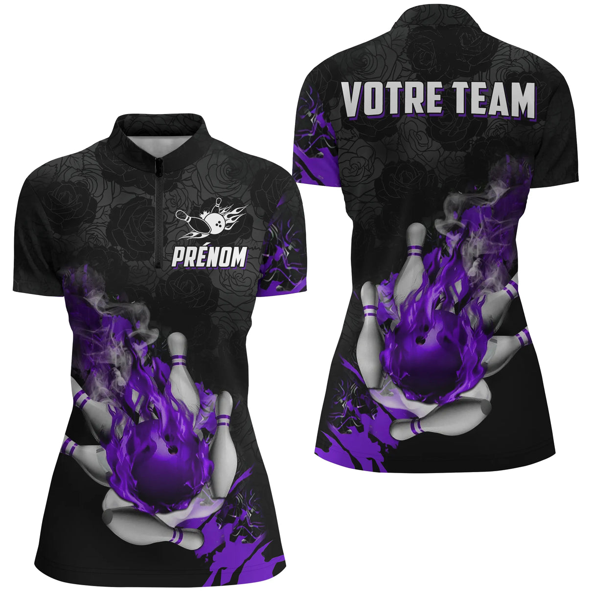 Maillot de Bowling Personnalisé Flamme – Homme & Femme – Rouge, Bleu ou Violet – Prénom & Nom d’Équipe - A05092421 - polo femme violet