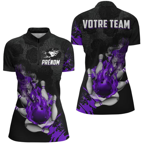 Maillot de Bowling Personnalisé Flamme – Homme & Femme – Rouge, Bleu ou Violet – Prénom & Nom d’Équipe - A05092421 - polo femme violet