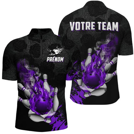 Maillot de Bowling Personnalisé Flamme – Homme & Femme – Rouge, Bleu ou Violet – Prénom & Nom d’Équipe - A05092421 - polo homme violet