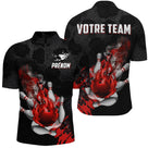 Polo zippé bowling personnalisé homme noir avec motif roses sombres et flamme rouge sur boule de jeu