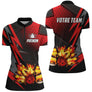 Polo zippé bowling personnalisé homme rouge et noir avec flammes orange et quilles enflammées sur la base