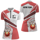 Polo zippé bowling personnalisé femme rouge corail et blanc avec panneaux contrastés, quilles et boule rouge