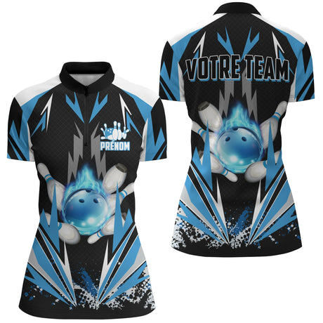 Maillot de Bowling Personnalisé - Homme & Femme - Votre Prénom & Équipe - Rouge, Bleu ou Violet - A05092424 - polo femme bleu