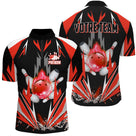 Polo zippé bowling personnalisé homme rouge noir et blanc avec éclats géométriques et boule rouge enflammée