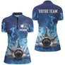 Polo zippé bowling personnalisé homme bleu marine avec flammes bleu clair stylisées et quilles intégrées