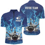Polo zippé bowling personnalisé femme bleu marine en coupe ajustée avec flammes bleu clair et nom team