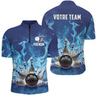 Polo zippé bowling personnalisé femme bleu marine en coupe ajustée avec flammes bleu clair et nom team