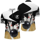 Polo zippé bowling personnalisé femme noir et blanc en coupe ajustée avec design 3D boule et quilles