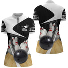 Polo zippé bowling personnalisé homme noir et blanc avec design 3D boule et quilles, col montant 1/4 zip