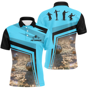 Polo pétanque Femme cyan et noir avec design boules et silhouettes de joueurs au dos
