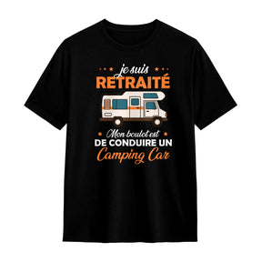 T-shirt retraité camping-car noir avec slogan Mon boulot conduire camping-car typographie orange