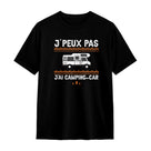 T-shirt camping-car noir avec slogan J'peux pas j'ai camping-car typographie orange et van