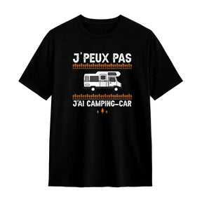 T-shirt camping-car noir avec slogan J'peux pas j'ai camping-car typographie orange et van