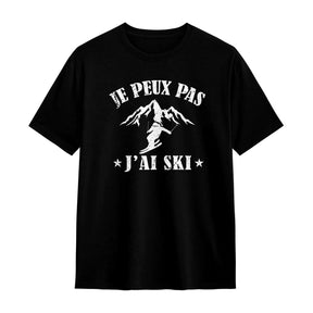 T-shirt ski noir avec slogan J'peux pas j'ai ski typographie blanche montagne et skieur