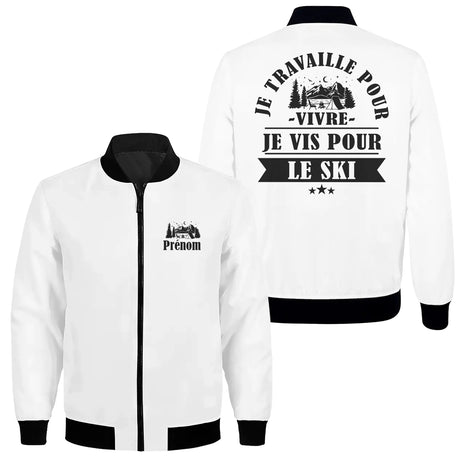 Veste zippée passion ski blanche avec slogan Je vis pour le ski typographie noire bivouac