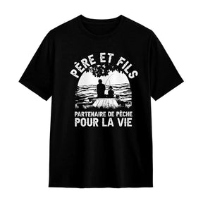 T-shirt père et fils pêche noir avec slogan Partenaire de pêche pour la vie silhouette duo