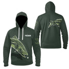 Sweat à capuche All-Over pêche truite vert kaki avec motif truite all-over et prénom personnalisable