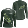 T-shirt manches longues anti-UV pêche truite vert kaki avec motif truite et prénom personnalisable
