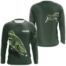 T-shirt manches longues anti-UV pêche truite vert kaki avec motif truite et prénom personnalisable