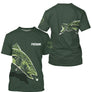 T-shirt pêche truite personnalisé col rond vert kaki avec motif truite mouchetée stylisée et prénom