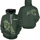 Sweat zippé All-Over pêche truite vert kaki avec motif truite stylisée et prénom personnalisable