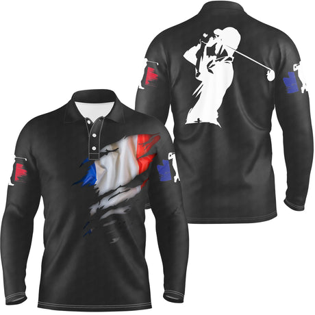 Polo de Golf, Cadeau Original Golfeur, Golfeuse, Polo à Séchage Rapide Drapeau France - CTS17052212 Polo Manches Longues Noir