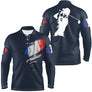 Polo manches longues golf unisexe bleu marine éclaboussure tricolore silhouette golfeur tissu respirant