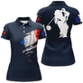 Polo golf femme bleu marine éclaboussure tricolore silhouette golfeur swing coupe cintrée tissu respirant